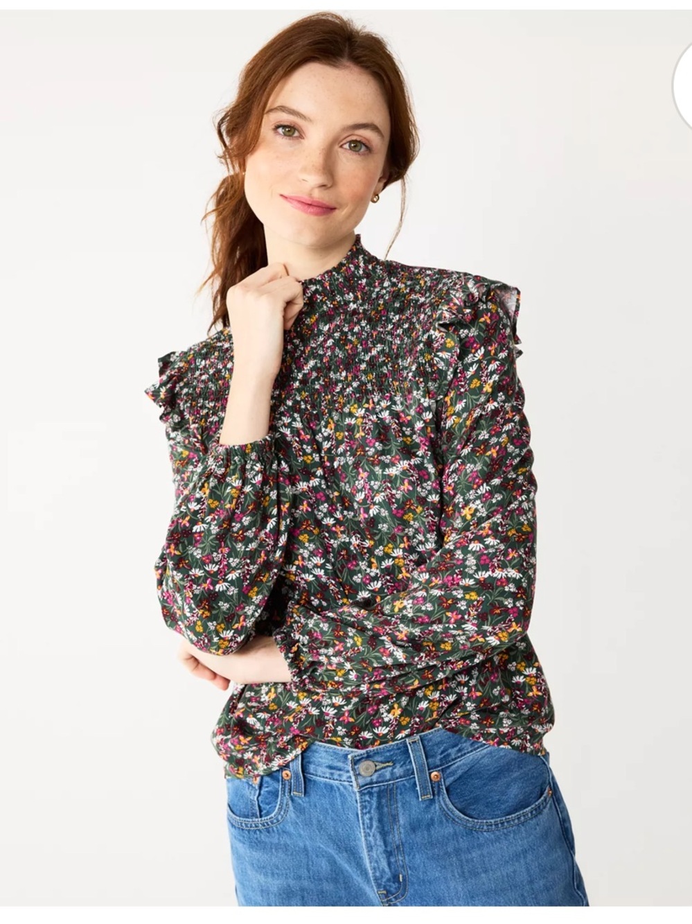 Draper James Black Floral Smocked Neck Blouse